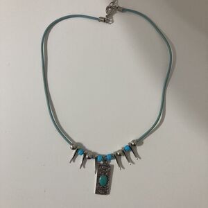 Blue Turquoise Bohemian Cord Statement Silver Tone Tooth Bead Rectangle Necklace